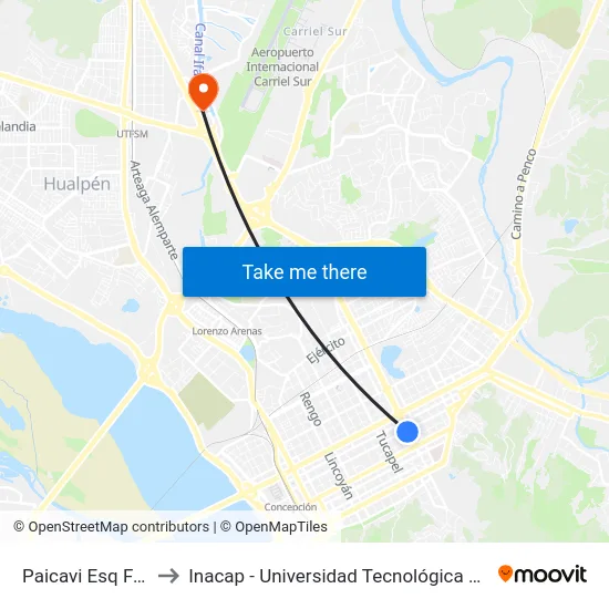 Paicavi Esq Freire to Inacap - Universidad Tecnológica De Chile map