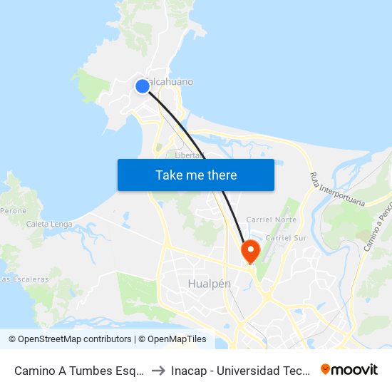 Camino A Tumbes Esq Los Araucanos to Inacap - Universidad Tecnológica De Chile map