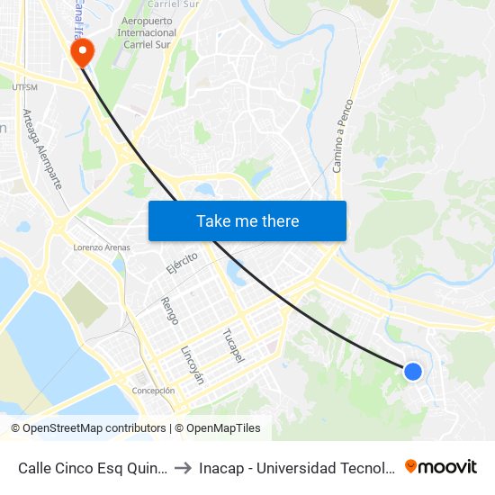 Calle Cinco Esq Quinta Agricola to Inacap - Universidad Tecnológica De Chile map