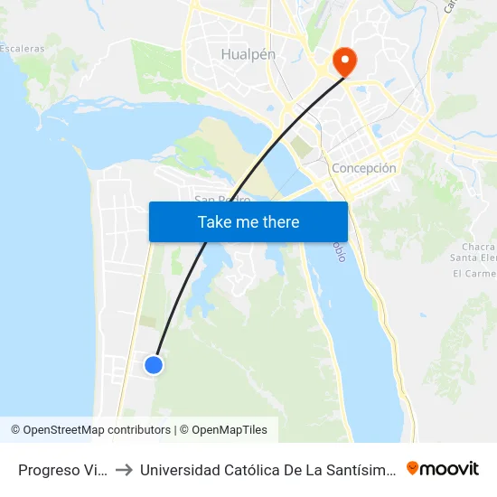 Progreso  Victoria to Universidad Católica De La Santísima Concepción map
