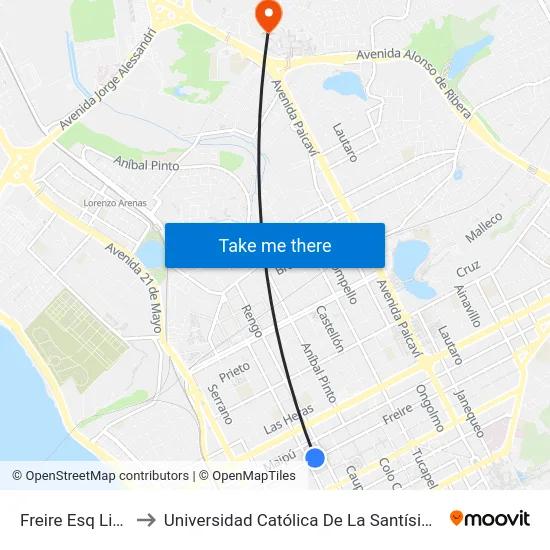 Freire Esq Lincoyan to Universidad Católica De La Santísima Concepción map