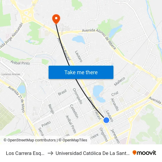 Los Carrera Esq Janequeo to Universidad Católica De La Santísima Concepción map
