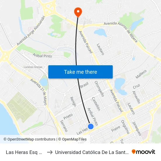 Las Heras Esq Caupolican to Universidad Católica De La Santísima Concepción map