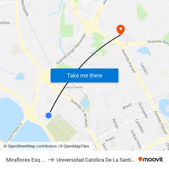 Miraflores Esq Calle Uno to Universidad Católica De La Santísima Concepción map