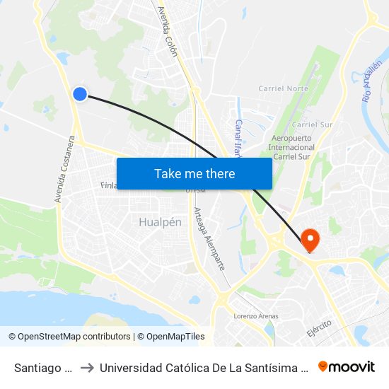 Santiago Watt to Universidad Católica De La Santísima Concepción map