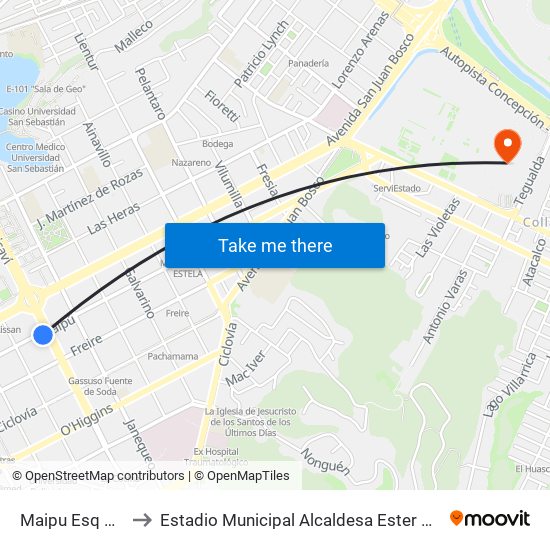 Maipu Esq Paicavi to Estadio Municipal Alcaldesa Ester Roa Rebolledo map