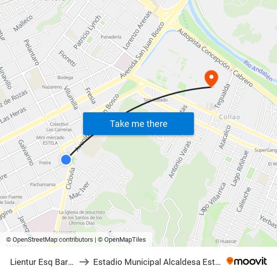 Lientur Esq Barros Arana to Estadio Municipal Alcaldesa Ester Roa Rebolledo map