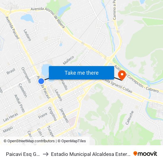Paicavi Esq Gral Cruz to Estadio Municipal Alcaldesa Ester Roa Rebolledo map