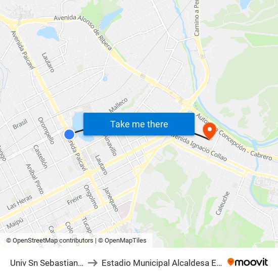 Univ Sn Sebastian Esq Paicavi to Estadio Municipal Alcaldesa Ester Roa Rebolledo map
