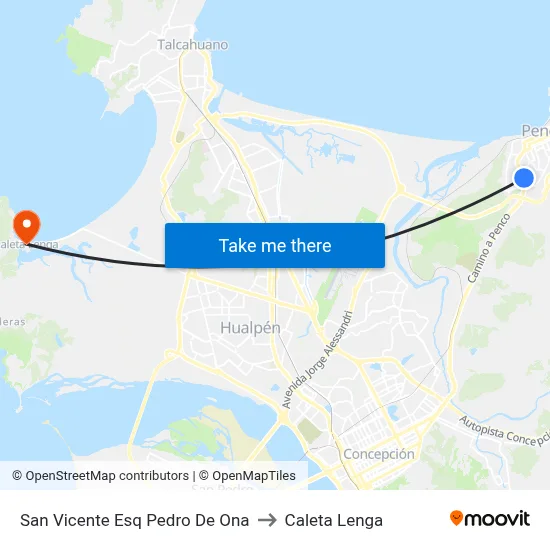 San Vicente Esq Pedro De Ona to Caleta Lenga map