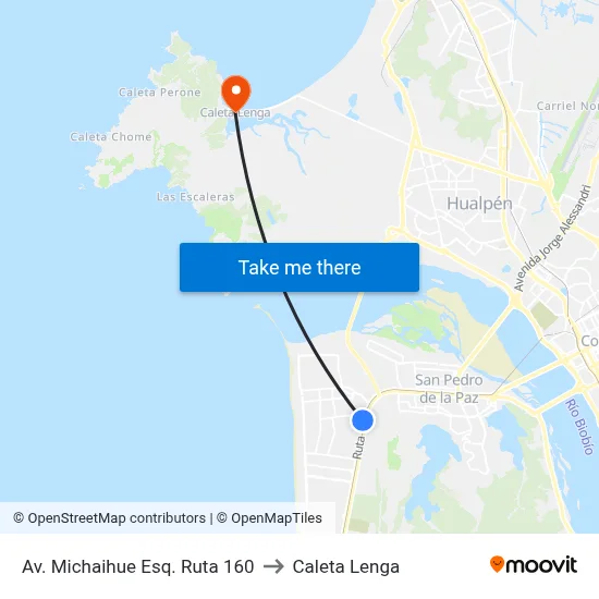 Av. Michaihue Esq. Ruta 160 to Caleta Lenga map