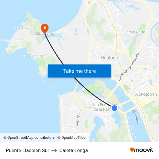 Puente Llacolen Sur to Caleta Lenga map