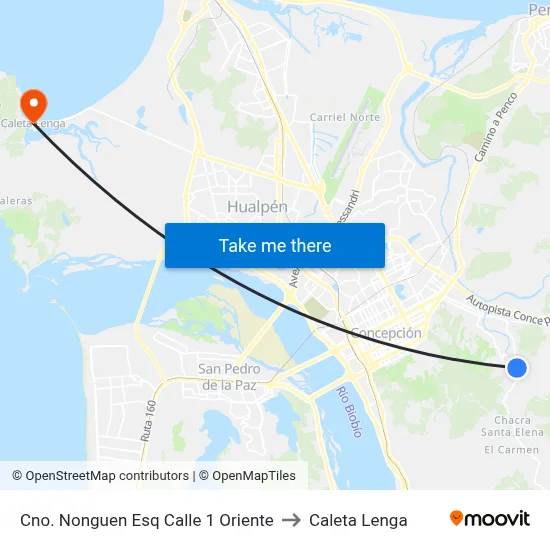 Cno. Nonguen Esq Calle 1  Oriente to Caleta Lenga map