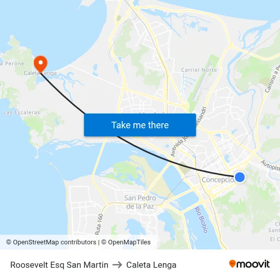Roosevelt Esq San Martin to Caleta Lenga map