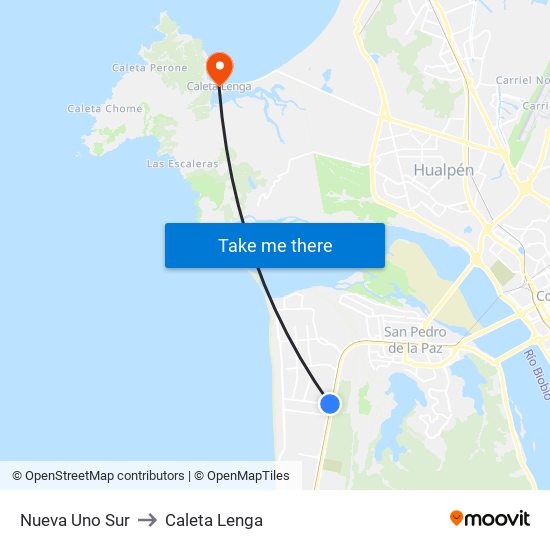 Nueva Uno  Sur to Caleta Lenga map