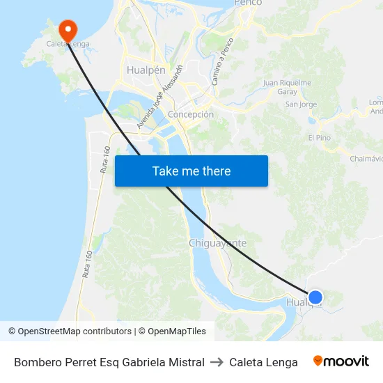 Bombero Perret Esq Gabriela Mistral to Caleta Lenga map