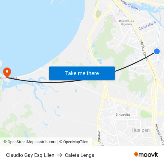 Claudio Gay Esq Lilen to Caleta Lenga map