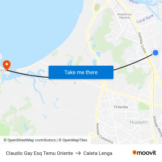 Claudio Gay Esq Temu  Oriente to Caleta Lenga map