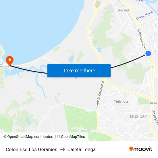 Colon Esq Los Geranios to Caleta Lenga map