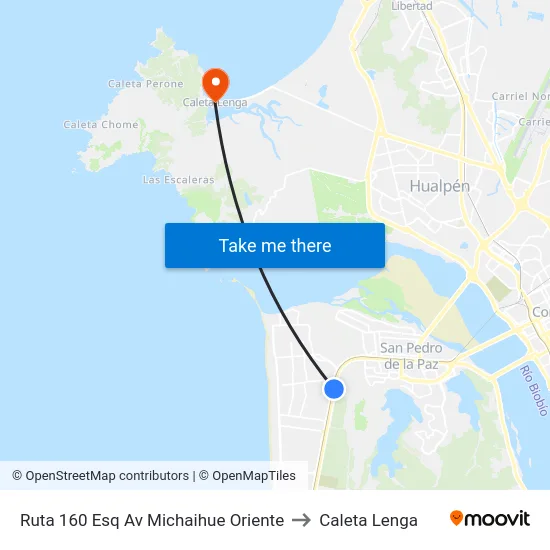 Ruta 160 Esq Av Michaihue  Oriente to Caleta Lenga map
