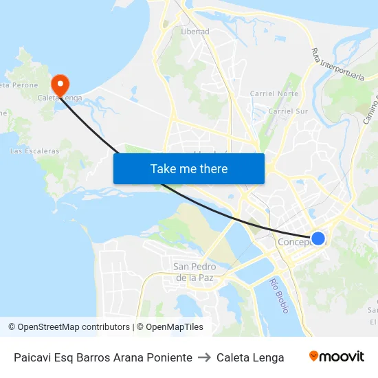 Paicavi Esq Barros Arana  Poniente to Caleta Lenga map