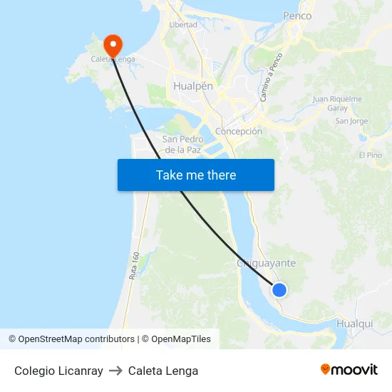 Colegio Licanray to Caleta Lenga map