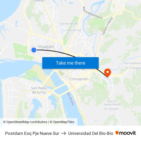 Postdam Esq Pje Nueve  Sur to Universidad Del Bío-Bío map