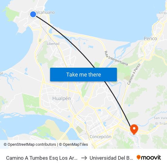 Camino A Tumbes Esq Los Araucanos to Universidad Del Bío-Bío map