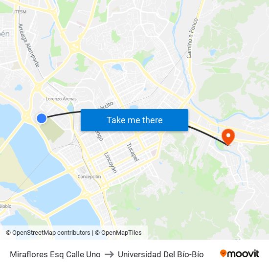 Miraflores Esq Calle Uno to Universidad Del Bío-Bío map