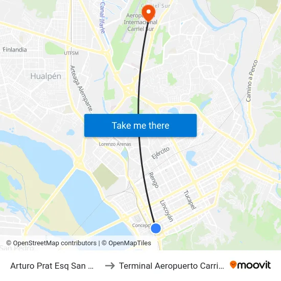 Arturo Prat Esq San Martin to Terminal Aeropuerto Carriel Sur map