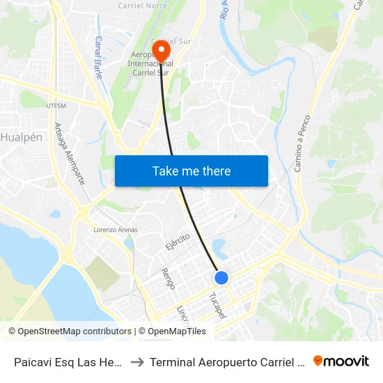 Paicavi Esq Las Heras to Terminal Aeropuerto Carriel Sur map