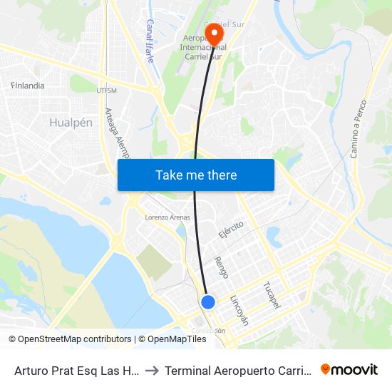 Arturo Prat Esq Las Heras to Terminal Aeropuerto Carriel Sur map