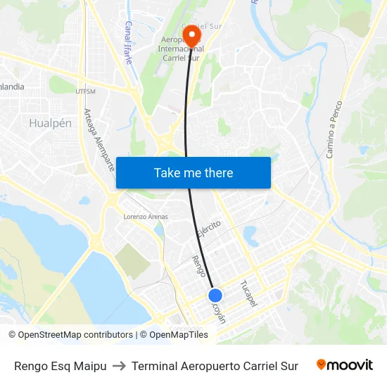 Rengo Esq Maipu to Terminal Aeropuerto Carriel Sur map