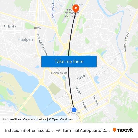 Estacion Biotren Esq Salida Sur to Terminal Aeropuerto Carriel Sur map