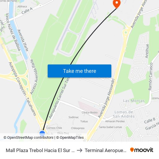 Mall Plaza Trebol  Hacia El Sur (Paradero Poniente) to Terminal Aeropuerto Carriel Sur map
