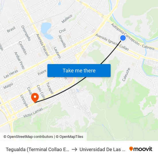 Tegualda (Terminal Collao Esq Estadio) to Universidad De Las Américas map