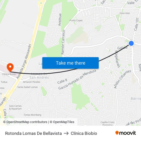 Rotonda Lomas De Bellavista to Clínica Biobío map