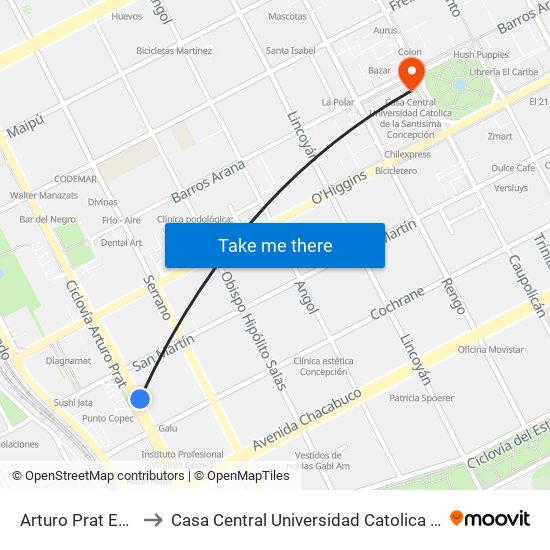 Arturo Prat Esq San Martin to Casa Central Universidad Catolica De La Santisima Concepción map