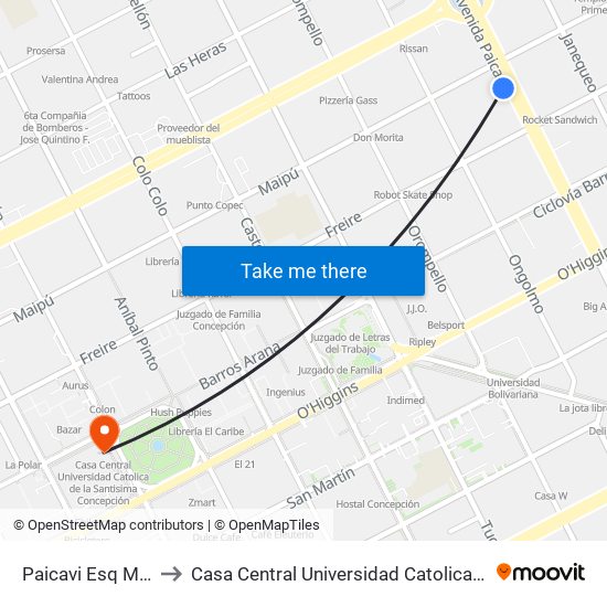 Paicavi Esq Maipu  Poniente to Casa Central Universidad Catolica De La Santisima Concepción map