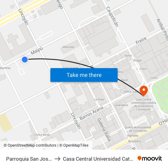 Parroquia San Jose  Maipu Esq Lincoyan to Casa Central Universidad Catolica De La Santisima Concepción map