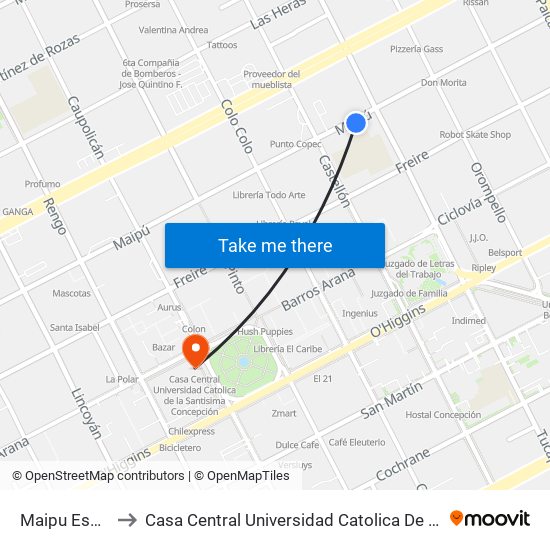 Maipu Esq Tucapel to Casa Central Universidad Catolica De La Santisima Concepción map