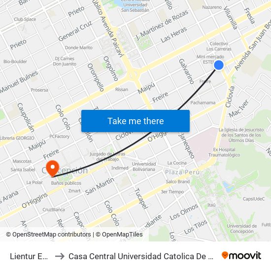 Lientur Esq Freire to Casa Central Universidad Catolica De La Santisima Concepción map