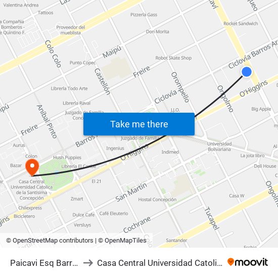 Paicavi Esq Barros Arana  Poniente to Casa Central Universidad Catolica De La Santisima Concepción map