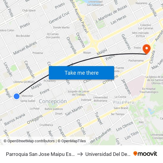 Parroquia San Jose  Maipu Esq Lincoyan to Universidad Del Desarrollo map