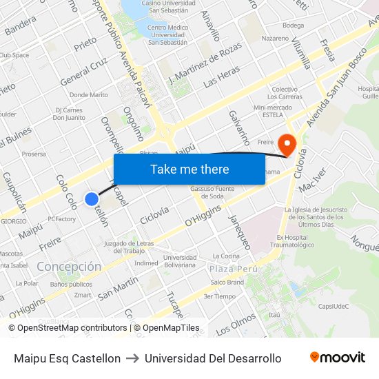 Maipu Esq Castellon to Universidad Del Desarrollo map