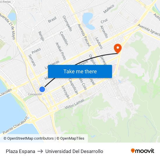 Plaza Espana to Universidad Del Desarrollo map