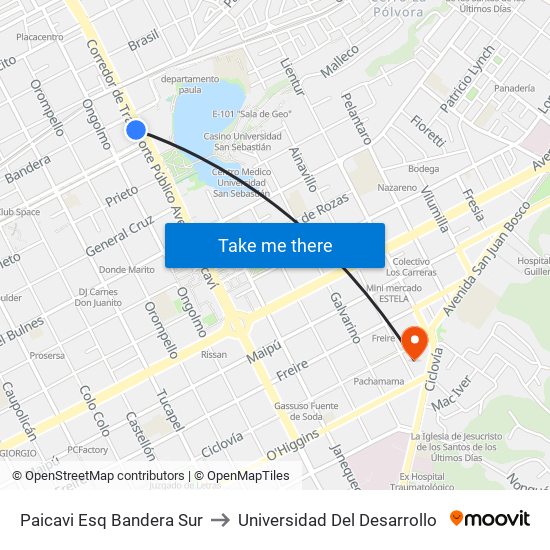 Paicavi Esq Bandera  Sur to Universidad Del Desarrollo map