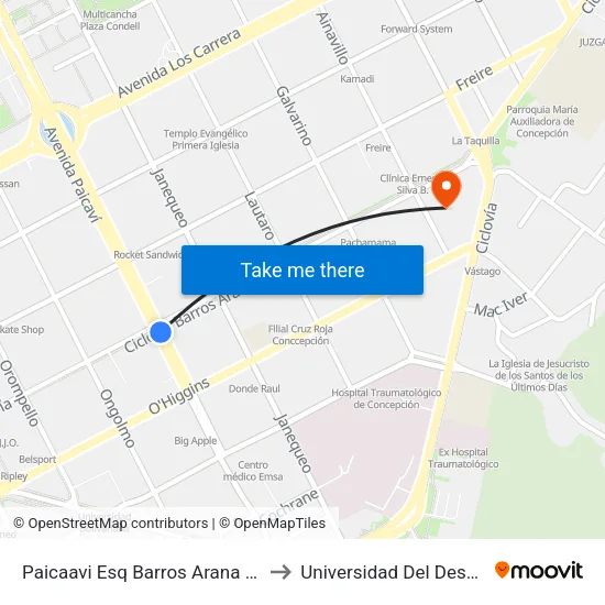 Paicaavi Esq Barros Arana  Oriente to Universidad Del Desarrollo map
