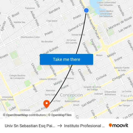 Univ Sn Sebastian Esq Paicavi to Instituto Profesional Aiep map