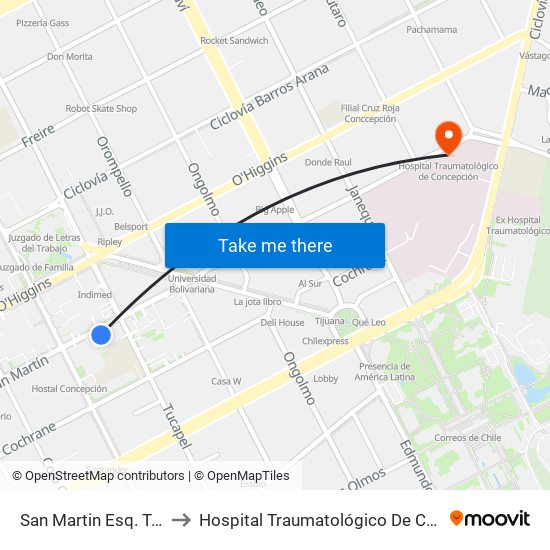 San Martin Esq. Tucapel to Hospital Traumatológico De Concepción map